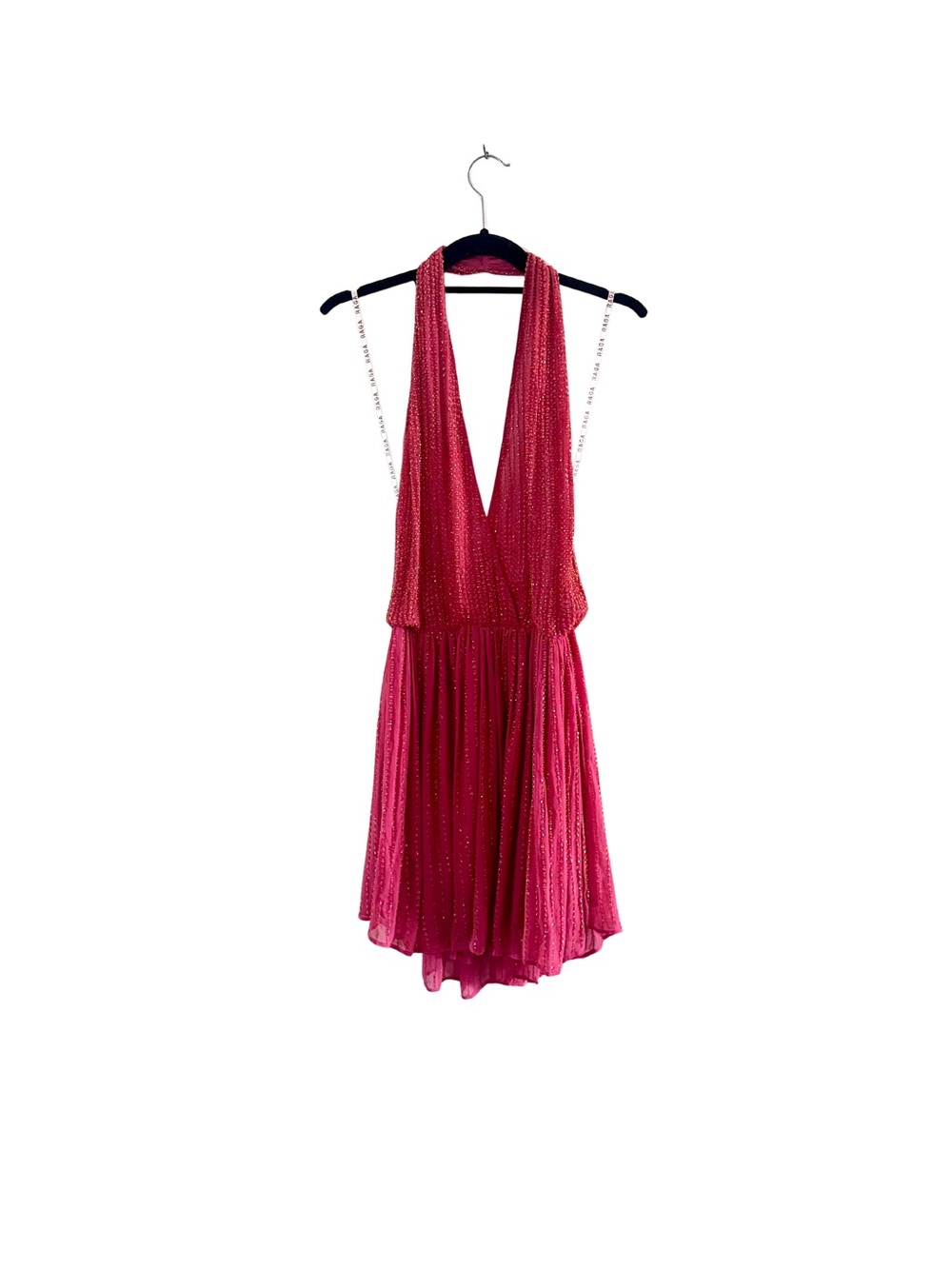 NWT RAGA Pink Magenta Plunging V-neck Beaded Sequin Halter Mini Dress Medium